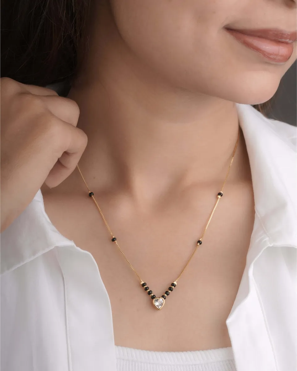 Buy 1 Get 1 Free - Minimal Heart Crystal Black Bead Mangalsutra