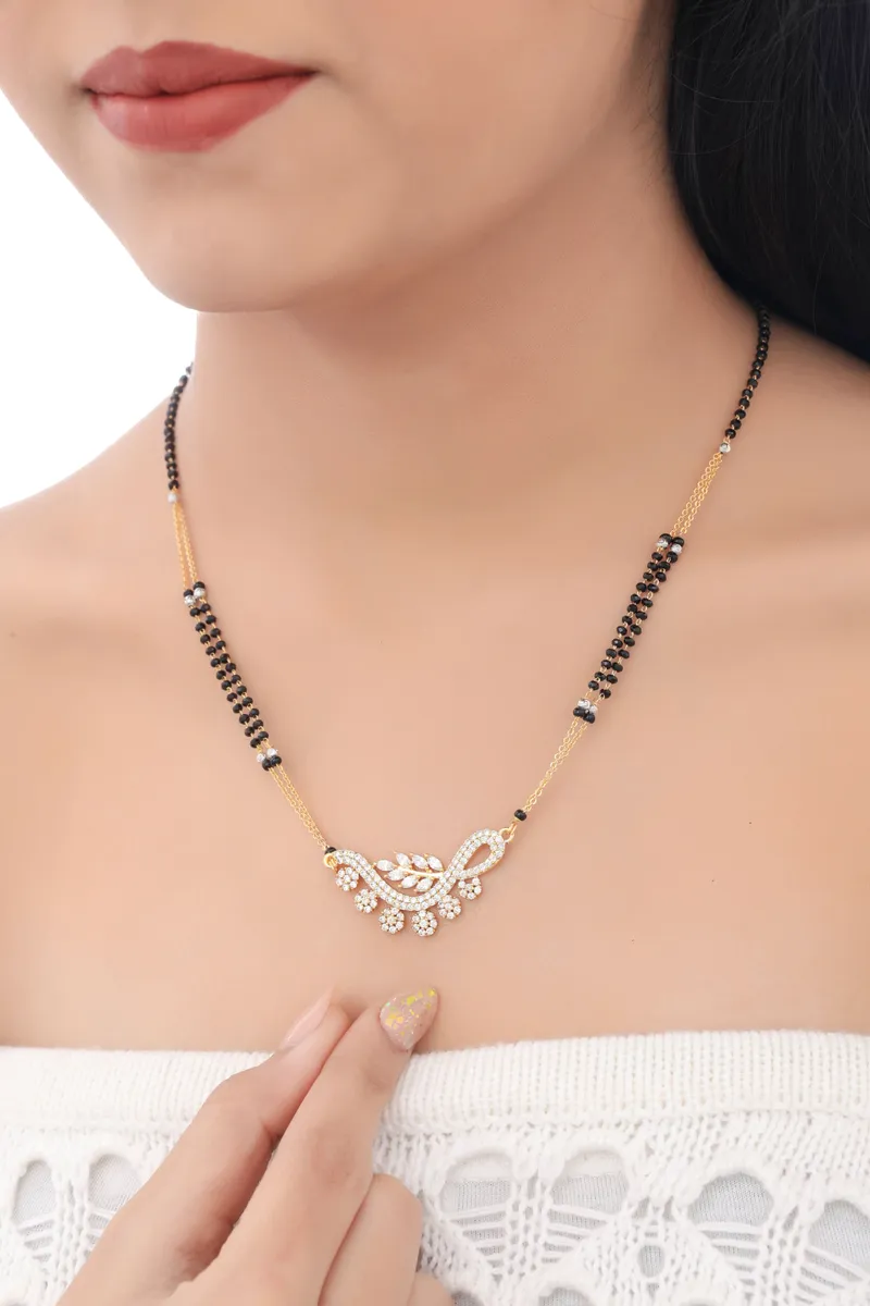 Buy 1 Get 1 Free -  Elegant CZ Leaf Curve Mangalsutra with Black Beads