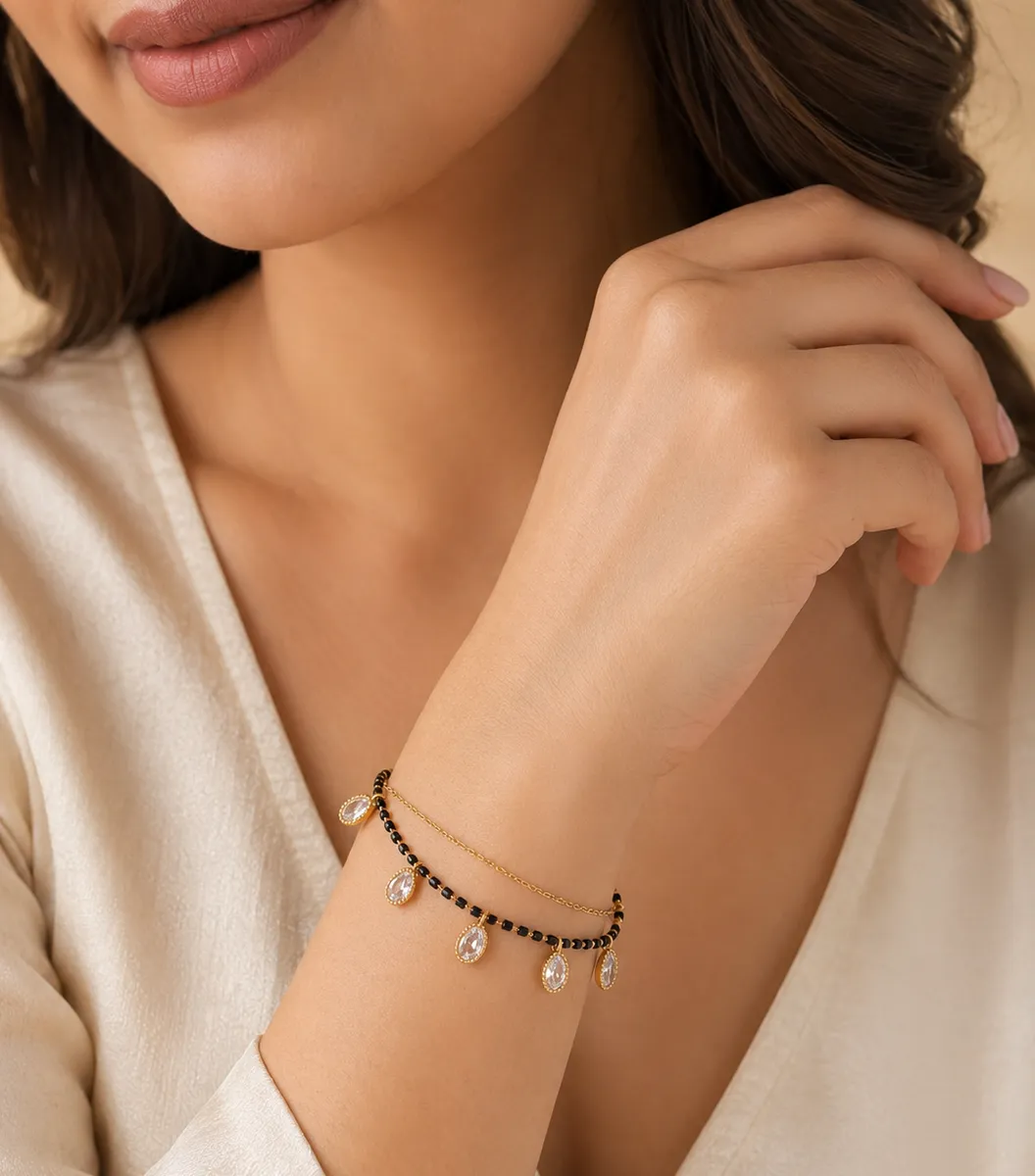 Elegant Black Beads & Teardrop Crystal Mangalsutra Bracelet