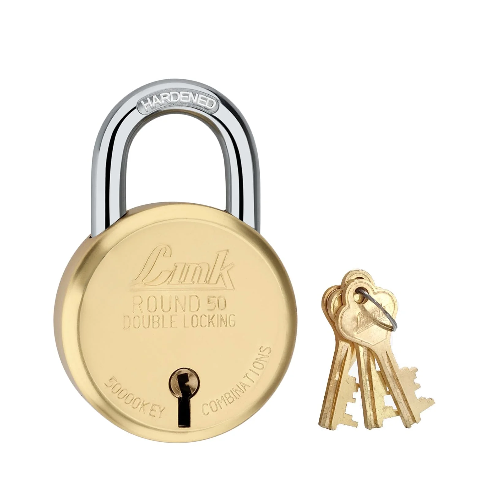 Link® 50mm Round Brass Lock | Brass Body | Brass Liver | Double Locking | | 1 Padlock with 3 Brass Keys| Made in India
