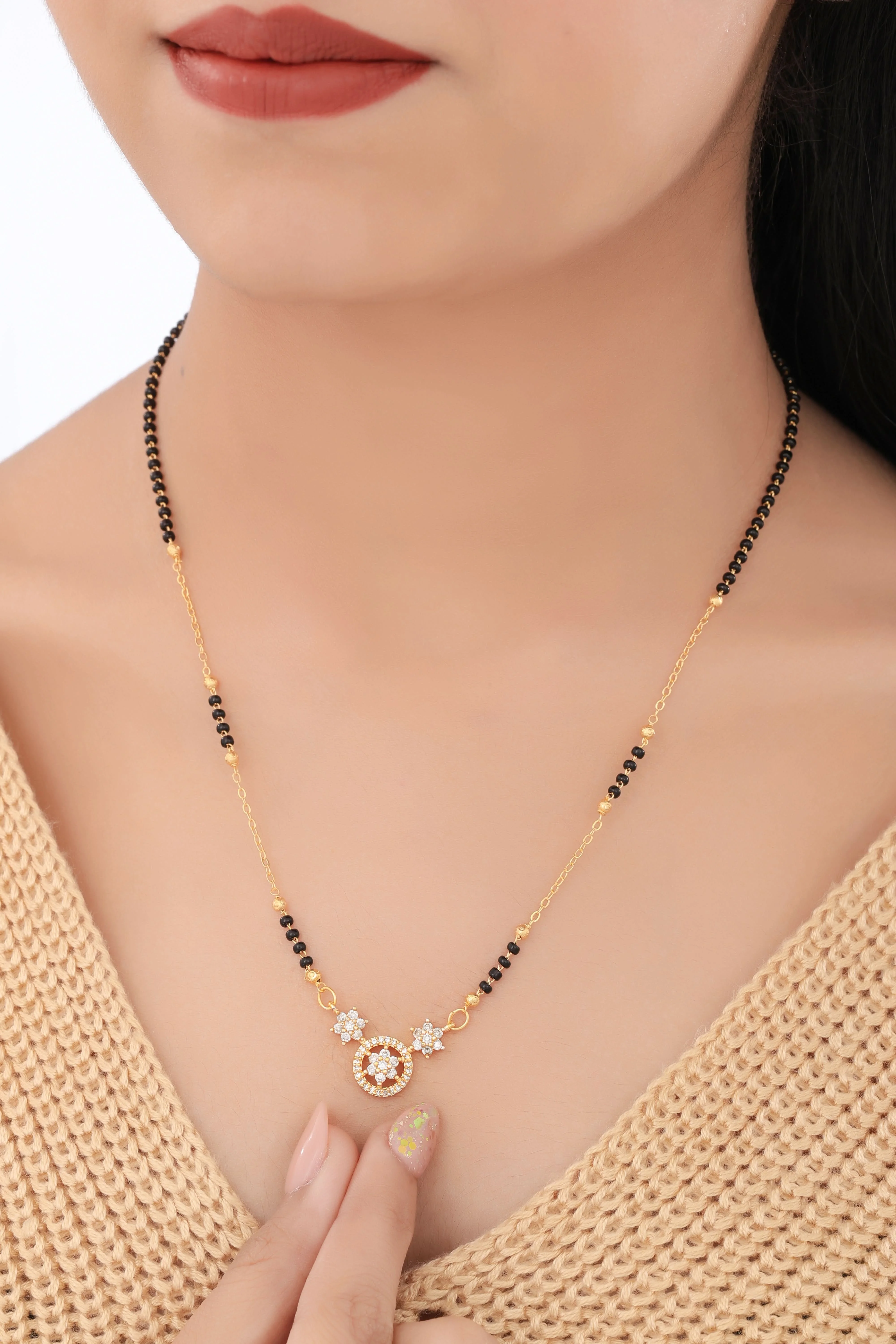 Buy 1 Get 1 Free - Floral CZ Circle Pendant Mangalsutra with Black Beads