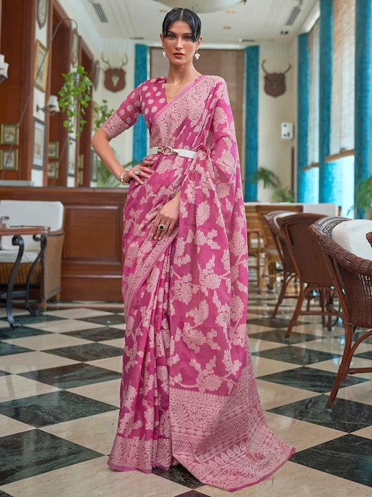 Pink & White Woven Design Linen Blend Muga Saree