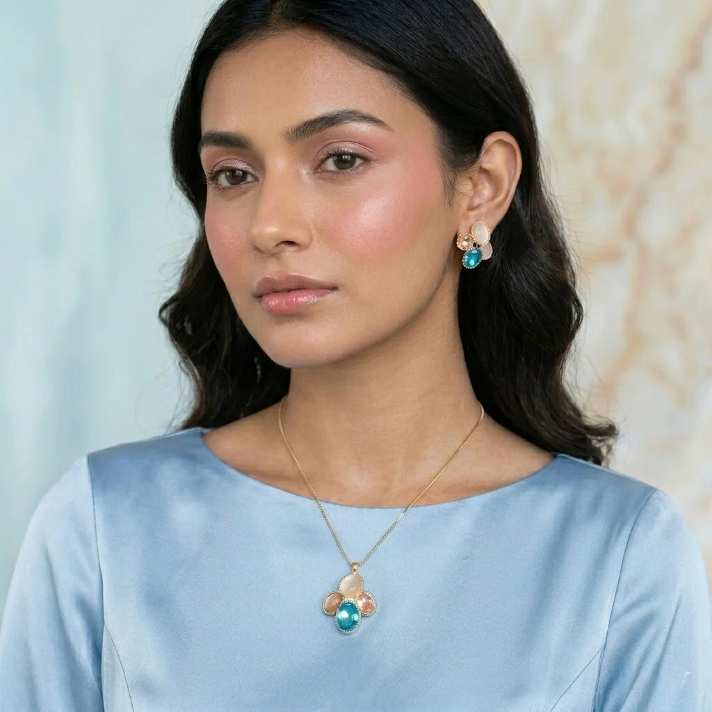 Pastel Multi Stone Pendant Necklace & Earrings Set