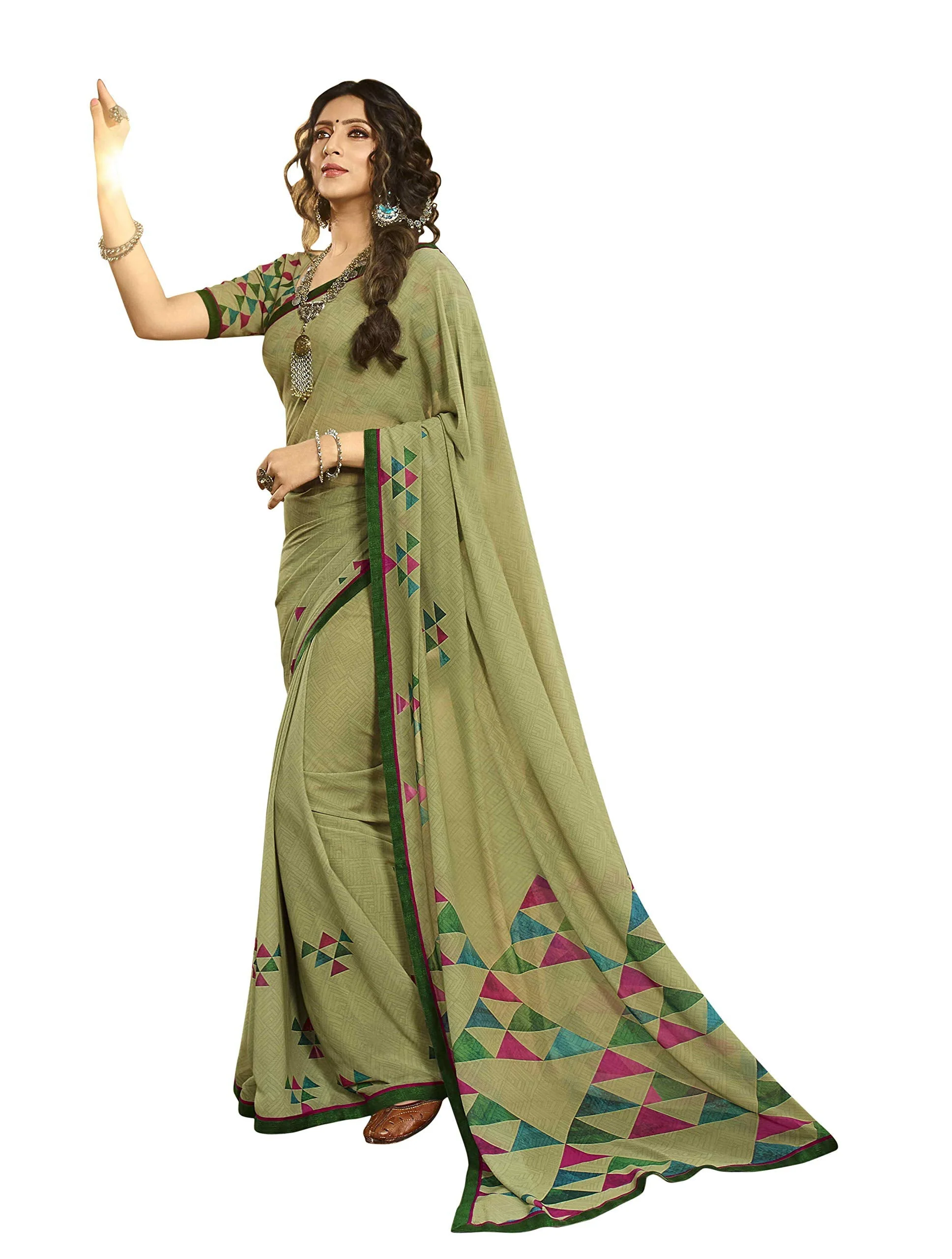 RAJESHWAR FASHION WITH RF Women's Georgette Printed Saree For Women Lace Border SareeWith Blouse(A40 MAHENDI NEW_Multicolored_Free Size 6.30 Mtr)
