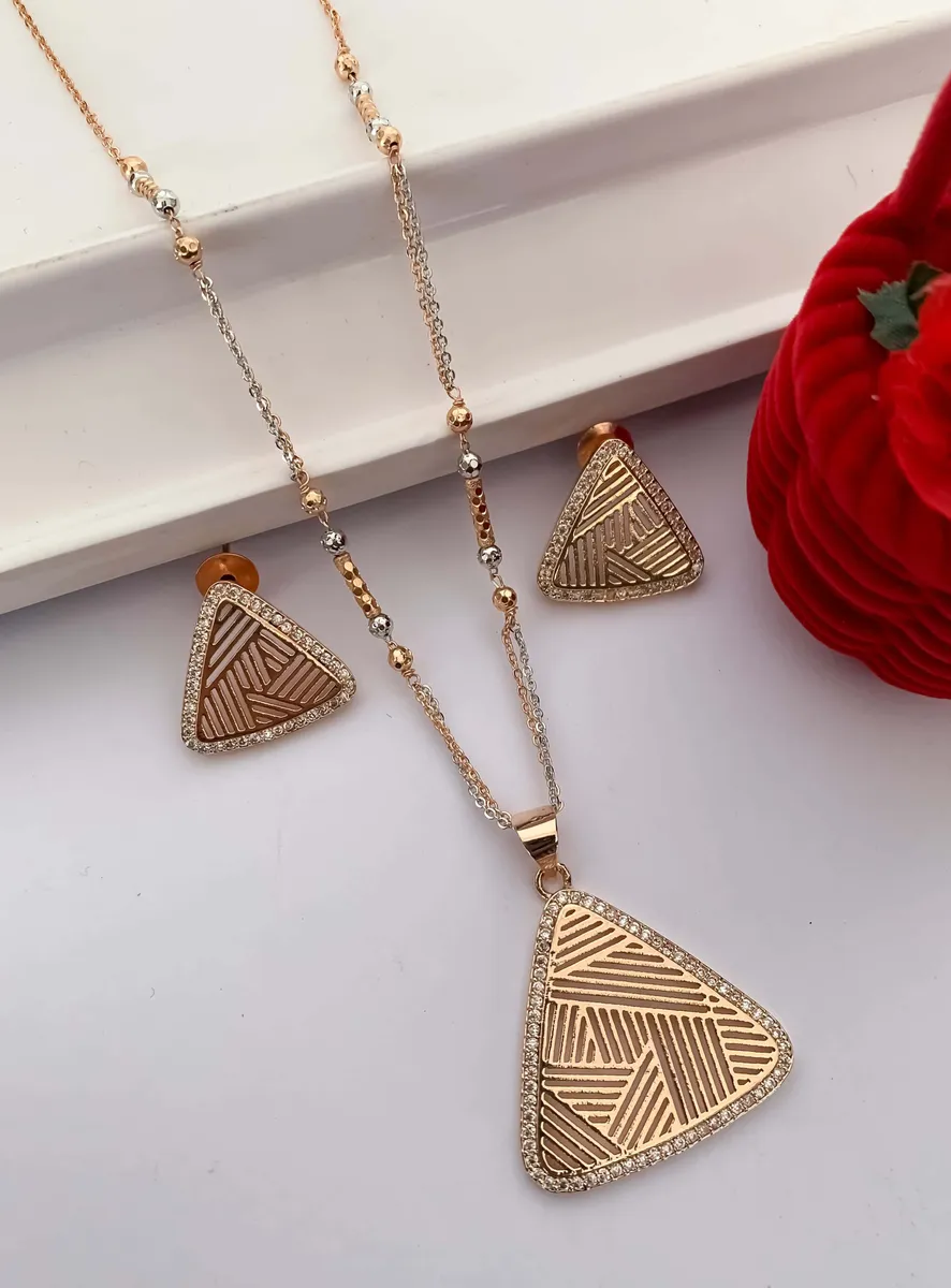 Rose Gold Finish Geometric Triangle Pendant Necklace Set with Earrings
