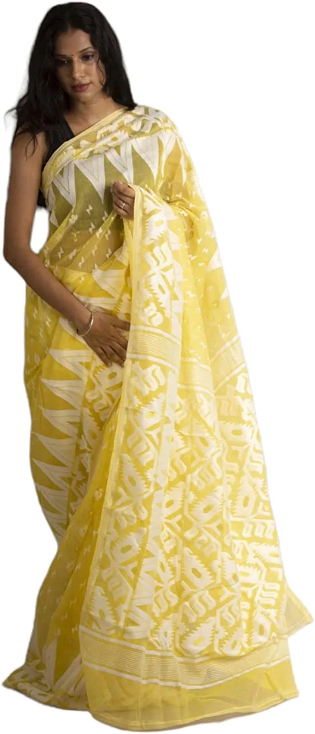 Moumita's Saree Women's Traditional Bengal Cotton Silk Soft Jamdani Saree (Yollow), Yellow