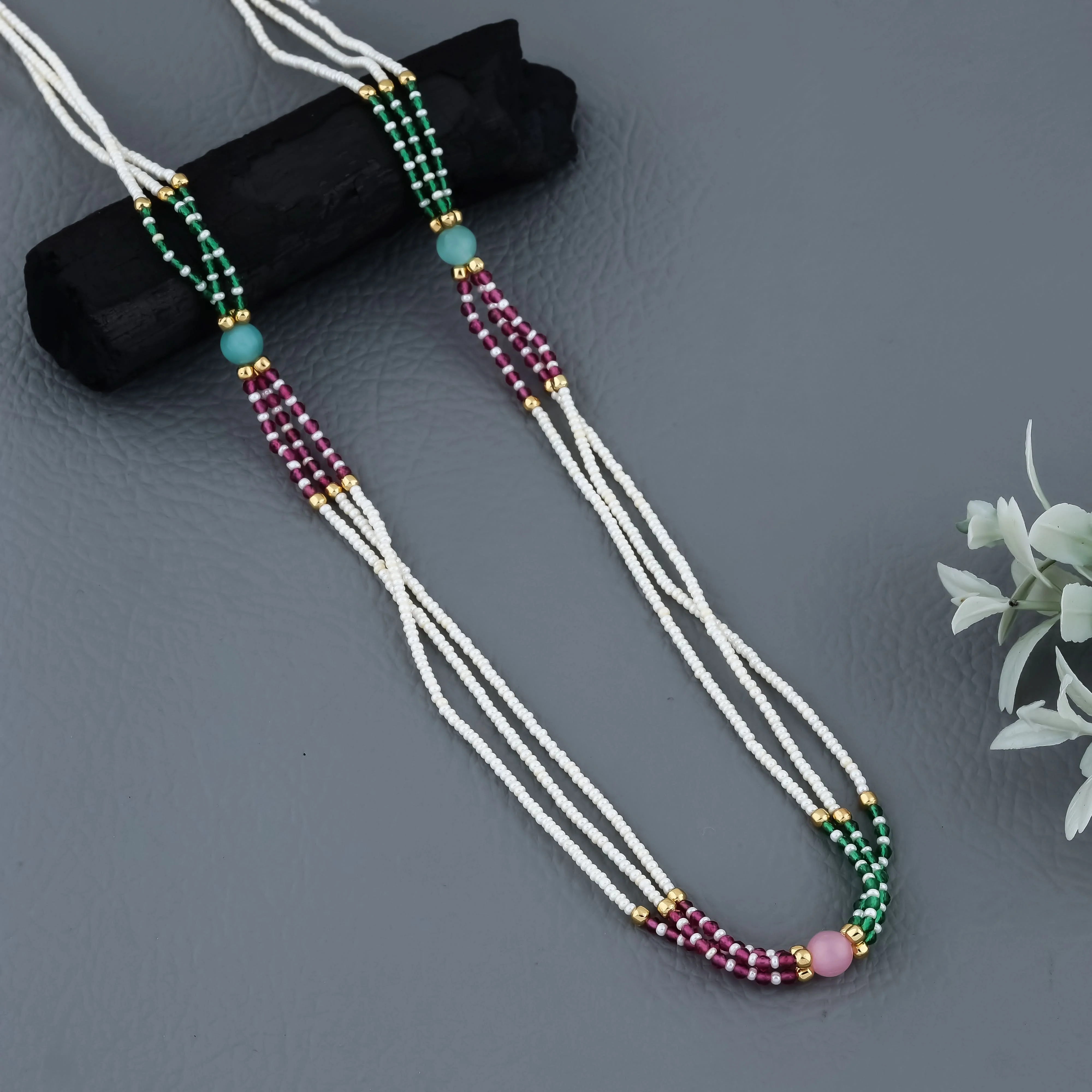 Multi Color 3 Line Fancy Mala Length 18 Inch