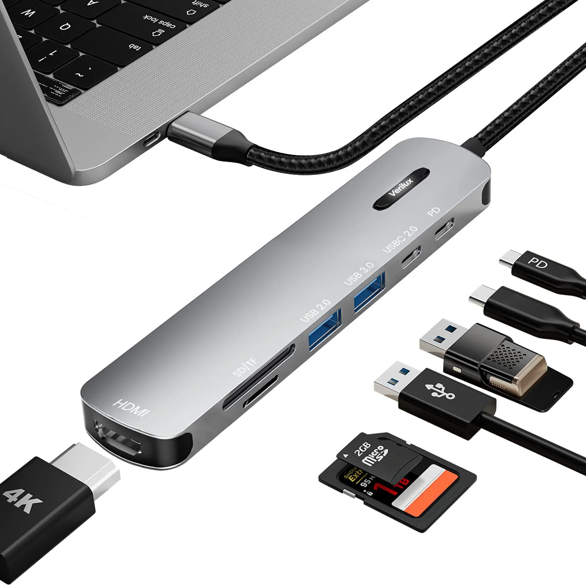 Verilux® USB C HUB 7 in 1 USB C to HDMI Adapter 4K@30Hz, 2.0/3.0 USB Adapter Multiple Port, SD/TF Card Reader, PD 100W & C Data Port USB Type C Hub for Laptop, MacBook Pro Air 20CM USB Hub Long Cable - image 2