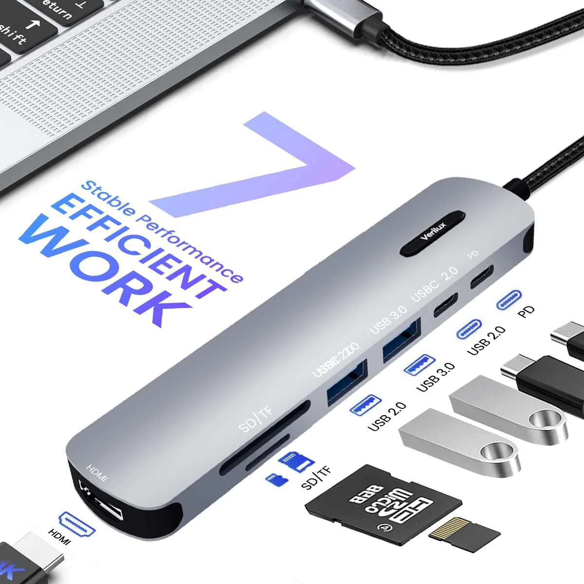 Verilux® USB C HUB 7 in 1 USB C to HDMI Adapter 4K@30Hz, 2.0/3.0 USB Adapter Multiple Port, SD/TF Card Reader, PD 100W & C Data Port USB Type C Hub for Laptop, MacBook Pro Air 20CM USB Hub Long Cable - image 4