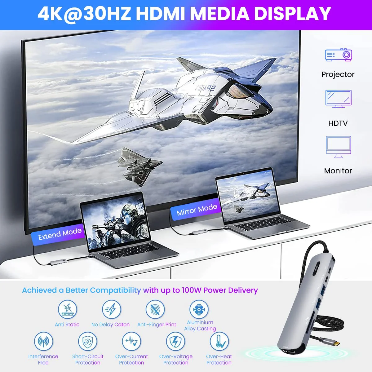 Verilux® USB C HUB 7 in 1 USB C to HDMI Adapter 4K@30Hz, 2.0/3.0 USB Adapter Multiple Port, SD/TF Card Reader, PD 100W & C Data Port USB Type C Hub for Laptop, MacBook Pro Air 20CM USB Hub Long Cable - image 5