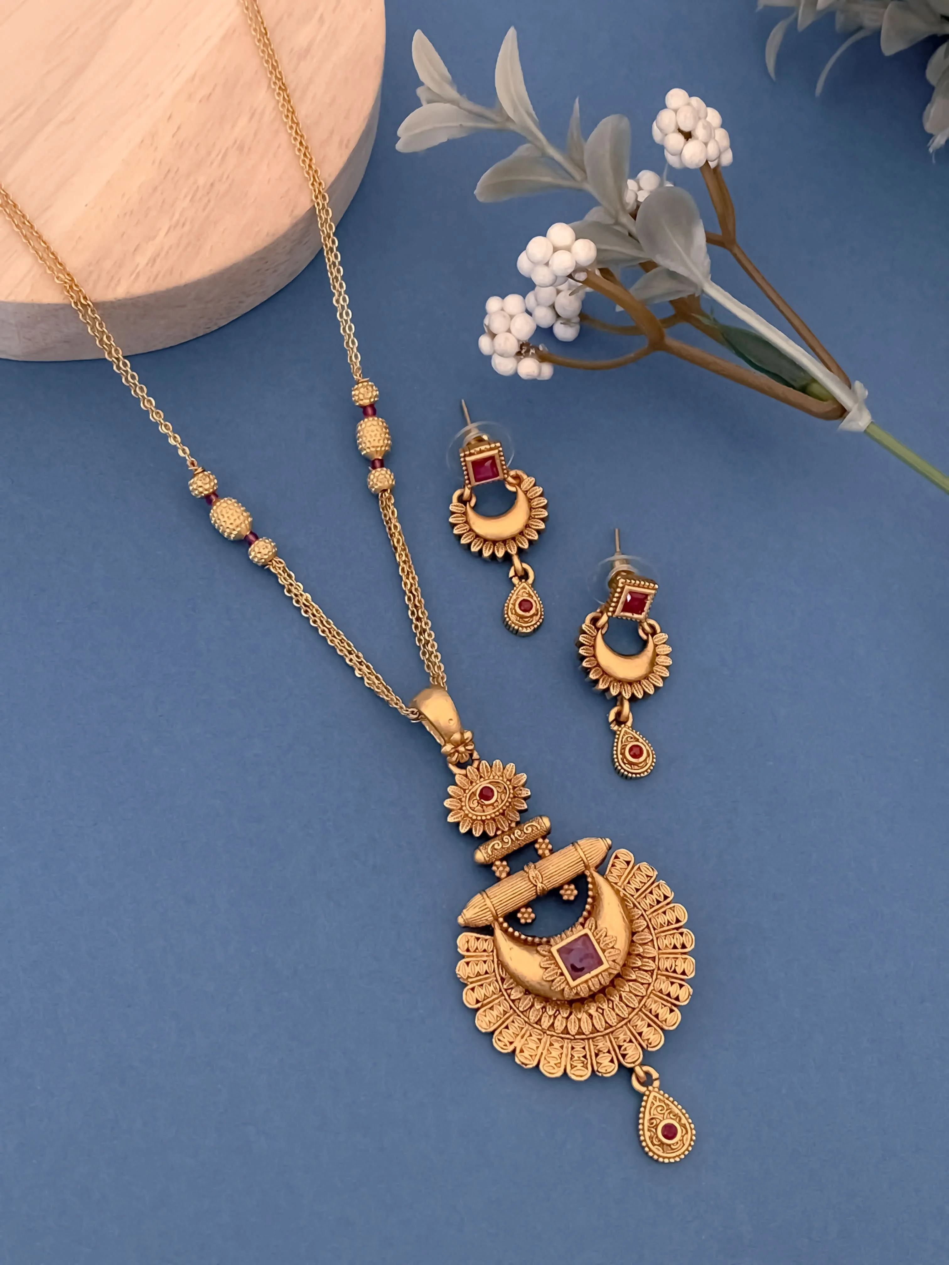 Antique Gold Temple Style Set with Ruby Accents