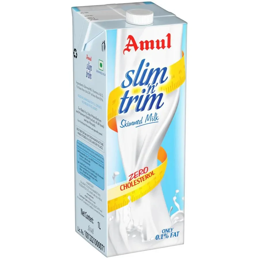 10x Amul Slim 'n' Trim Skimmed Milk, Pack of 10 - 10KG (1Ltr x 10)