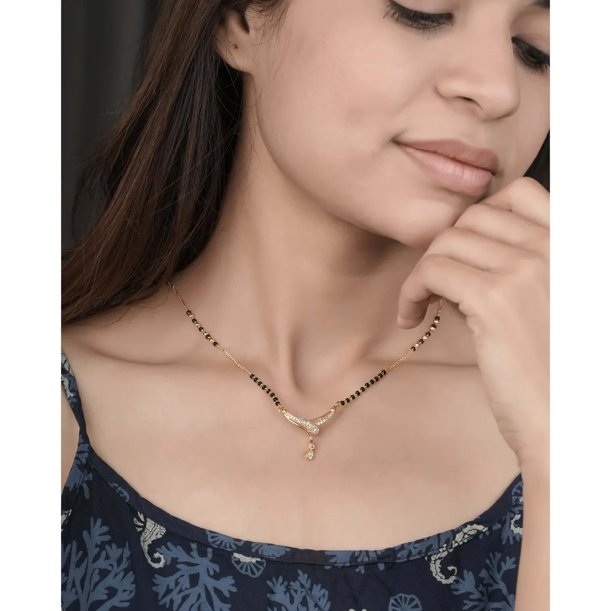 Buy 1 Get 1 Free - Gold Finish Curved Drop CZ Mangalsutra