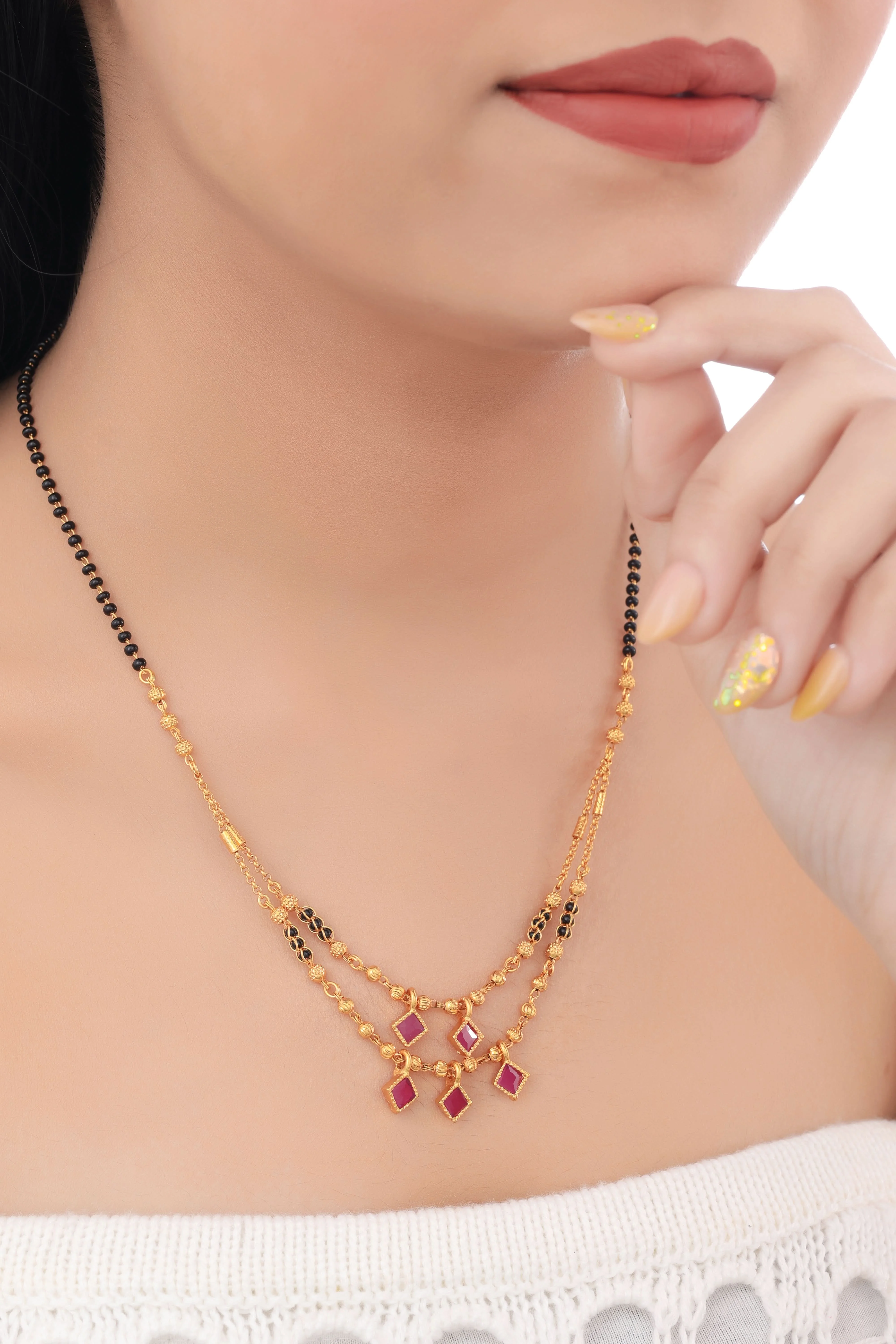 Buy 1 Get 1 Free -Ruby Square Drop Layered Mangalsutra