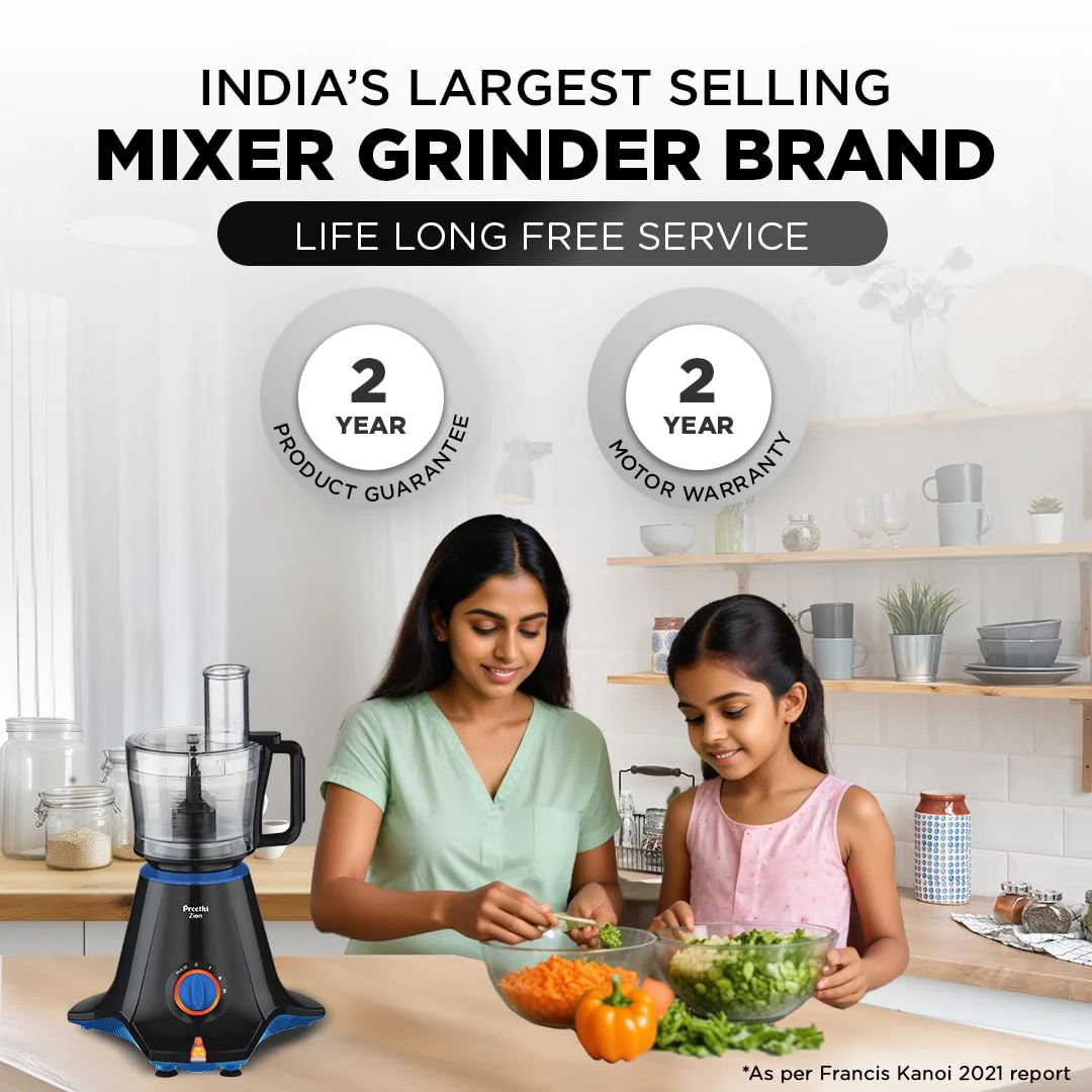 Preethi Zion Mixer Grinder for Kitchen - 4 Jars 750 Watt Mixie (3 Stainless steel Jars+1 Master Chef Plus Food processor Jar), Flexi lids, Vega W5 motor, Black (MG-227) - image 3