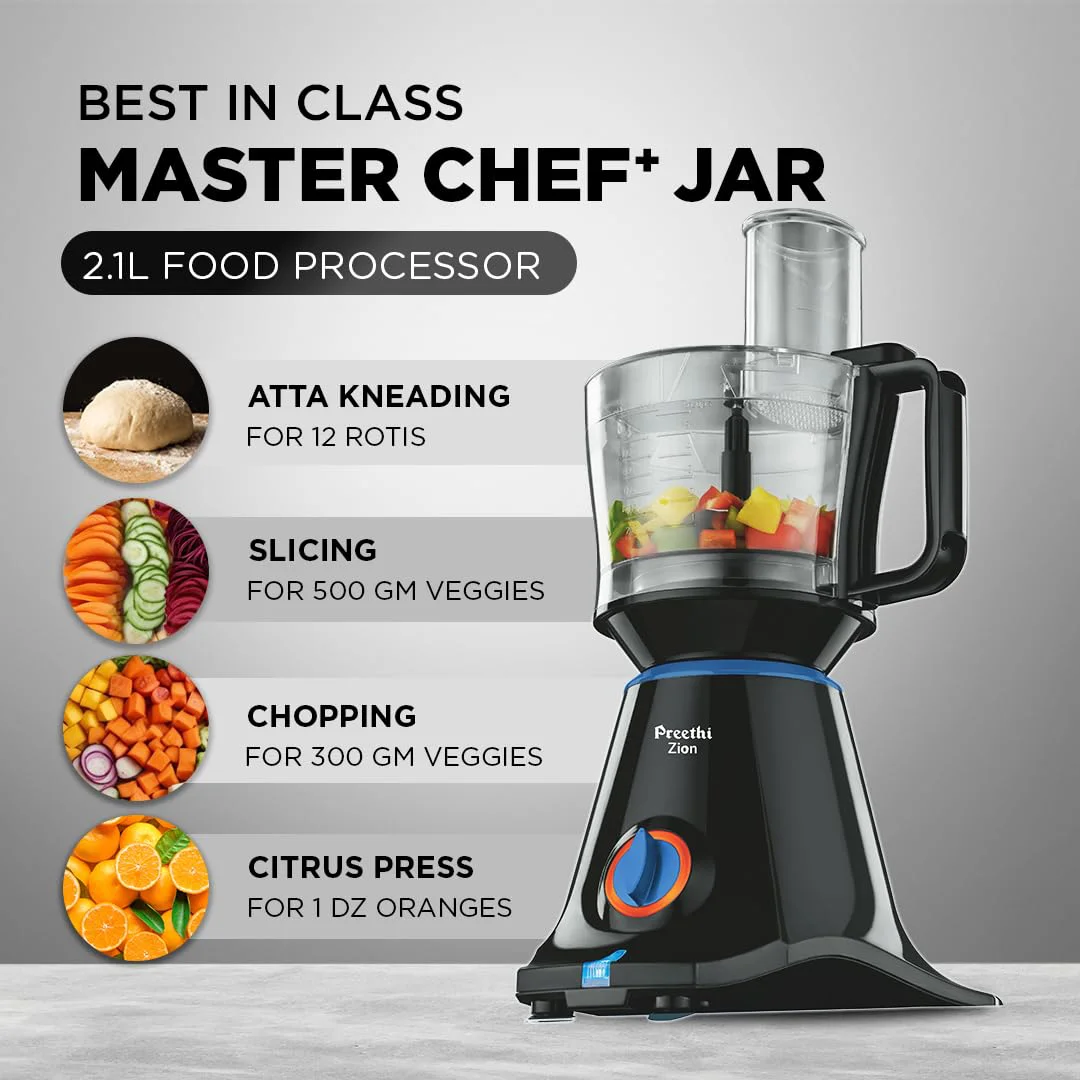 Preethi Zion Mixer Grinder for Kitchen - 4 Jars 750 Watt Mixie (3 Stainless steel Jars+1 Master Chef Plus Food processor Jar), Flexi lids, Vega W5 motor, Black (MG-227) - image 5