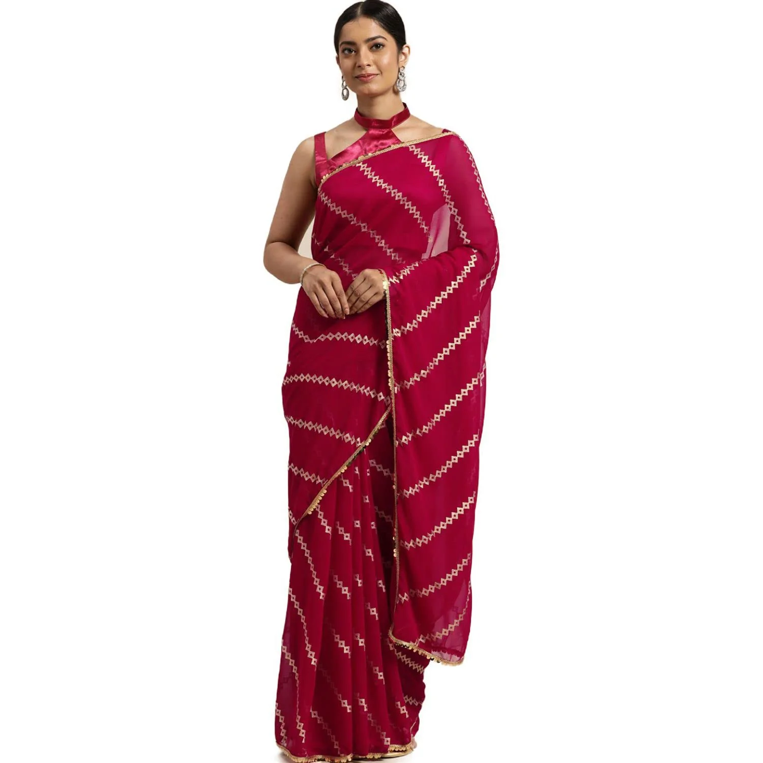 Looks 18 Women's Geometric Print Pure Georgette Saree With Blouse Piece (Georgette-Pink-sari-0222-Free-Size_Pink)