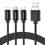 Ambrane Unbreakable 3 in 1 USB Fast Charging Multipurpose Cable with Type C, Lightning, Micro USB Port with 2.1 A,1.25 meter Black