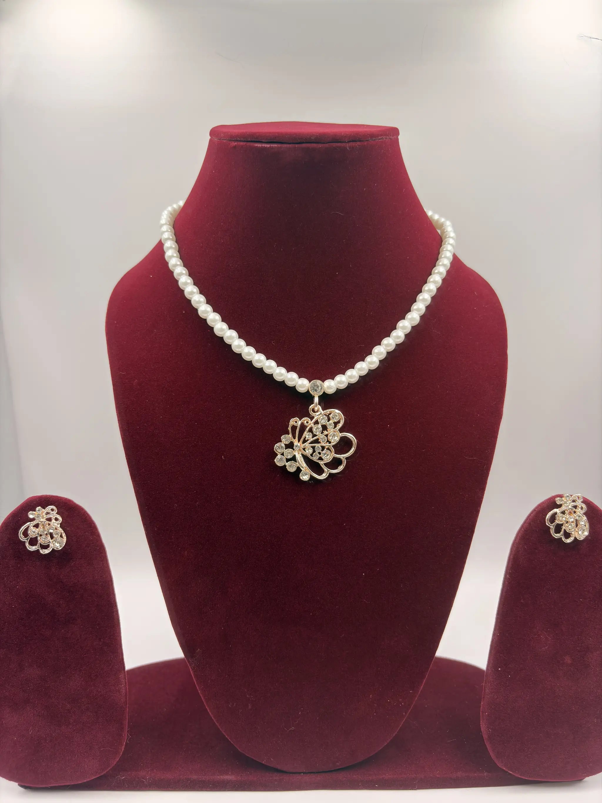 Pearl Necklace with Butterfly Crystal Pendant & Matching Earrings – Artificial Jewellery