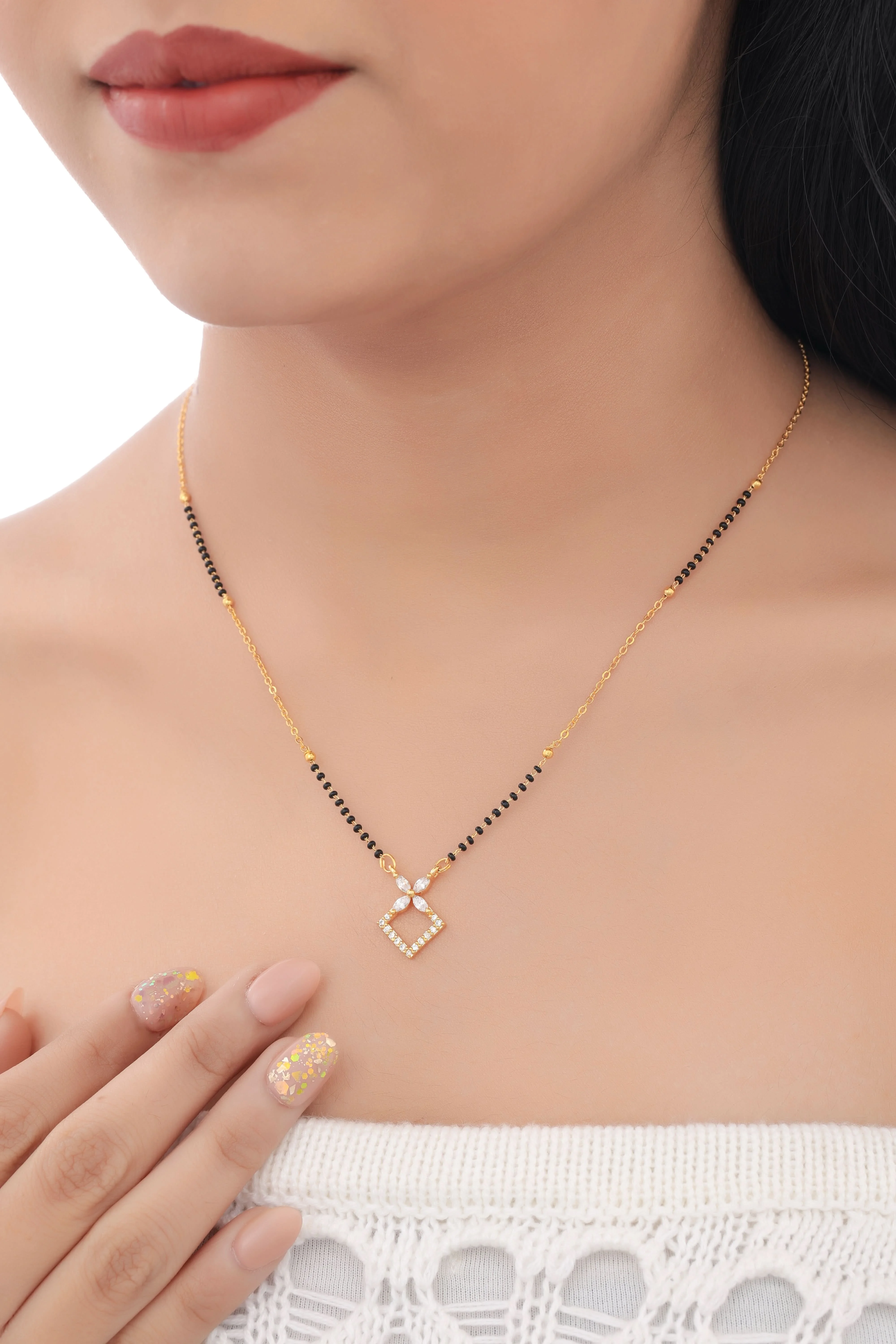 Buy 1 Get 1 Free - Minimal Diamond-Shaped CZ Mangalsutra Necklace (Black Beads Chain)