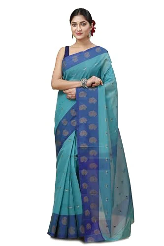 OISHANI SAREE GHOR Women's Traditional Bengal Cotton Handloom Saree. (Turquoise Blue)