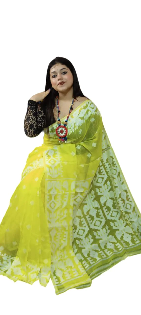 Women Cotton Silk Reshom Dhakai Jamdani Saree (Yellow) - image 2