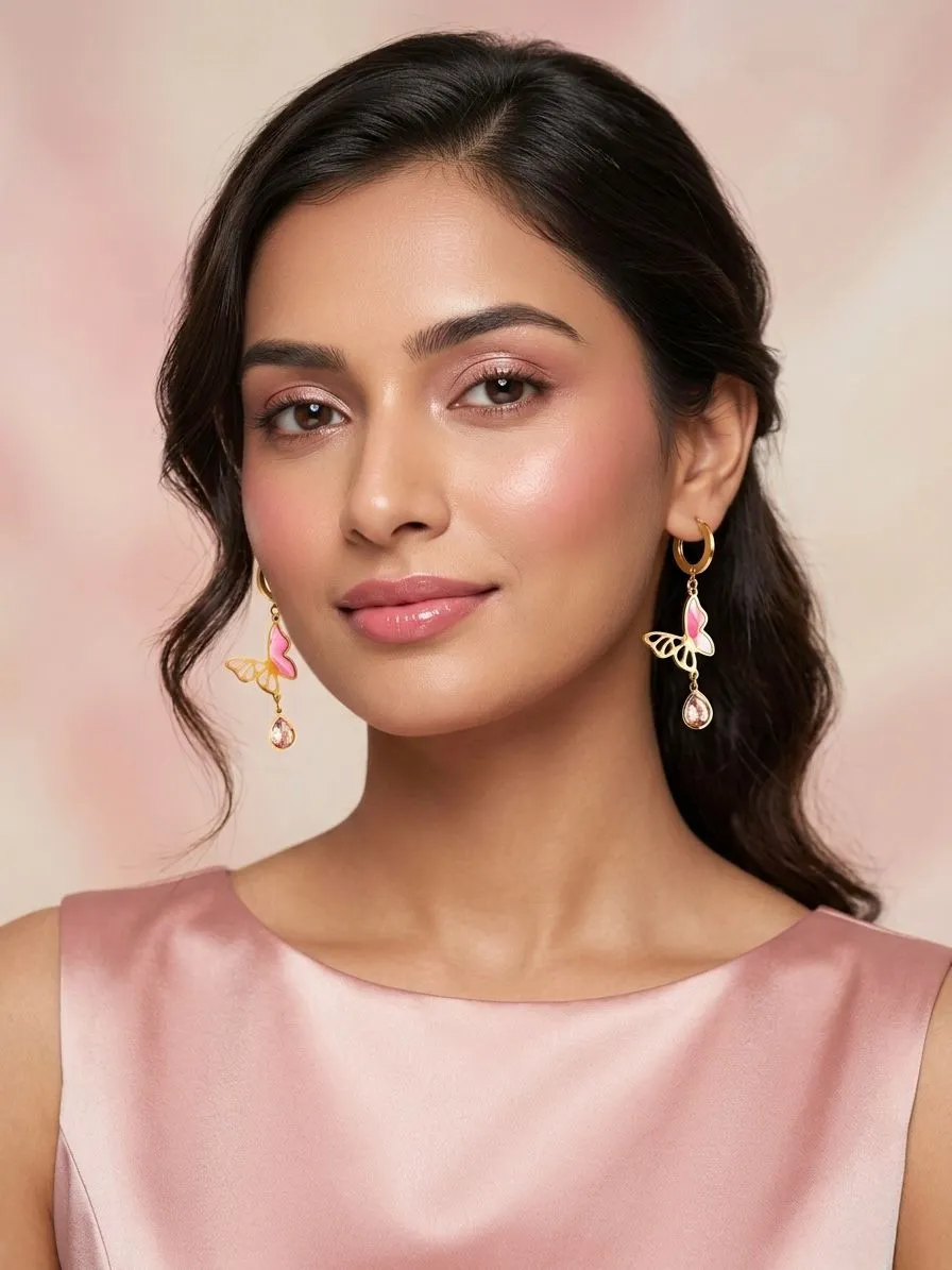 Pink Butterfly Drop Earrings with Crystal