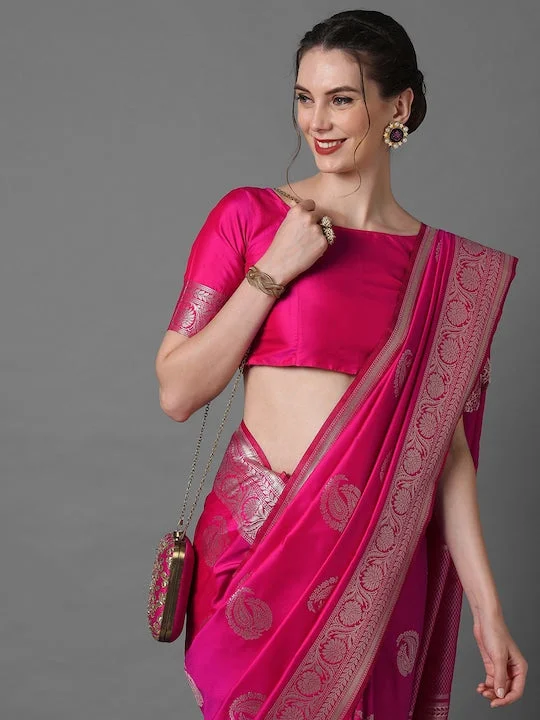 Pink & Silver-Toned Paisley Zari Silk Blend Banarasi Saree