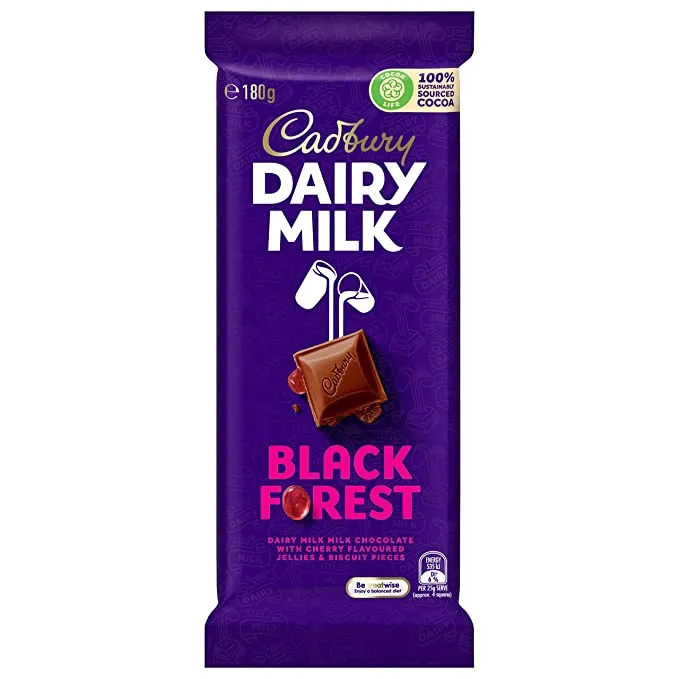 Cadbury Dairy Milk Black Forest with Cherry Flavoured Jellies and Biscuit Pieces  ,180g