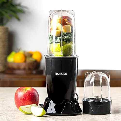 Borosil Plastic Nutrifresh Pb31 Portable Mini-Blender & Grinder, 500 Ml Blending Jar, 300 Ml Chutney Jar, For Blending Smoothies & Chutneys, Dry Grinding Spices, Black, 400 W, 400 Watt