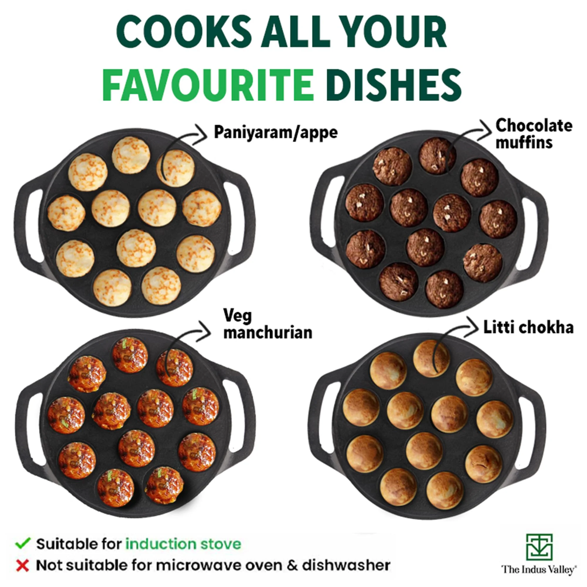 The Indus Valley Pre-Seasoned Cast Iron Paniyaram Pan With Spatula|Medium, 12Pit, 8.3Inch/21 Cm, 2Kg|Induction Friendly|Nonstick Appe/Paddu Pan, 100% Pure & Toxin-Free, No Chemical Coating, Black - image 3