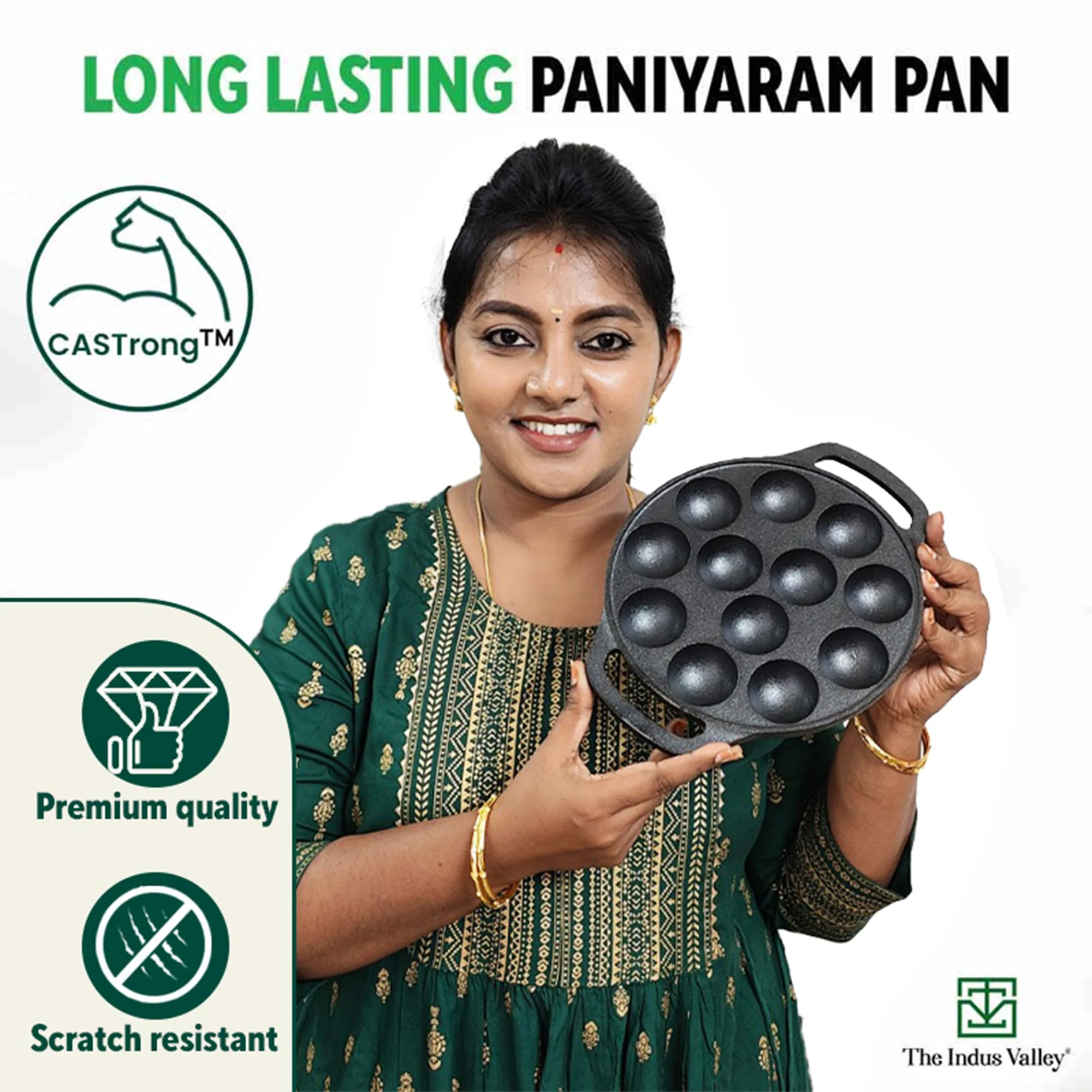 The Indus Valley Pre-Seasoned Cast Iron Paniyaram Pan With Spatula|Medium, 12Pit, 8.3Inch/21 Cm, 2Kg|Induction Friendly|Nonstick Appe/Paddu Pan, 100% Pure & Toxin-Free, No Chemical Coating, Black - image 4
