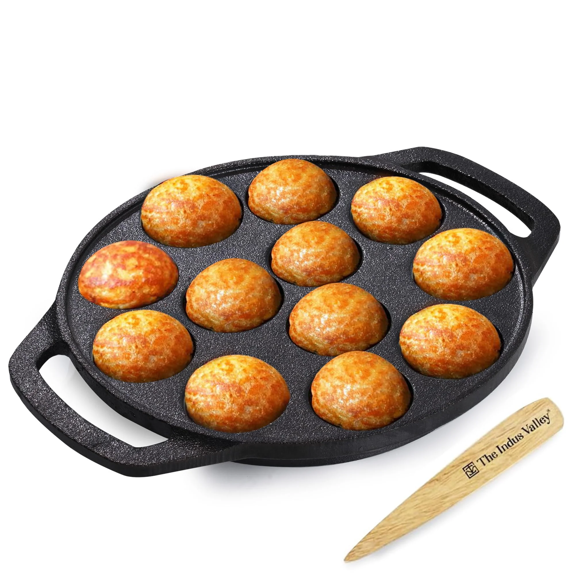 The Indus Valley Pre-Seasoned Cast Iron Paniyaram Pan With Spatula|Medium, 12Pit, 8.3Inch/21 Cm, 2Kg|Induction Friendly|Nonstick Appe/Paddu Pan, 100% Pure & Toxin-Free, No Chemical Coating, Black - image 1