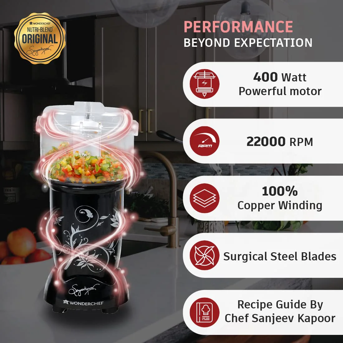 Wonderchef Nutri-blend Juicer Mixer Grinder|Complete Kitchen Machine | 22000 RPM 100% Full Copper Motor, Blender, Chopper, Juicer | 400W Powerful motor (Indian Plug) - image 3