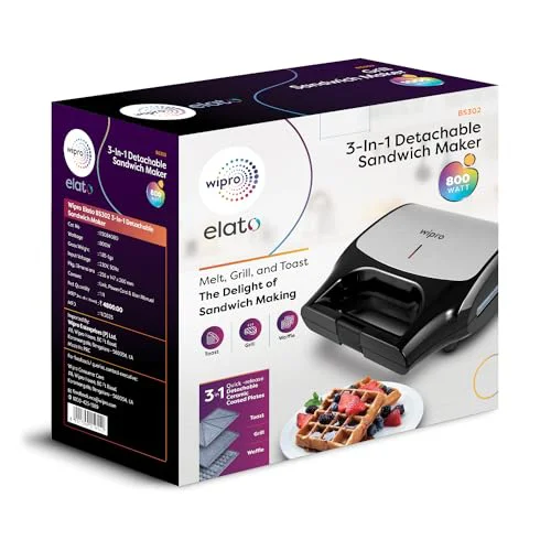 wipro Elato Bs302 800 Watt 3-In-1 Detachable Sandwich Maker, Removables Plates For Toaster, Griller & Waffle Maker, Non-Toxic Ceramic Coating,2 Year Warranty, Regular Bread Size For 2 Slices, Black - image 3