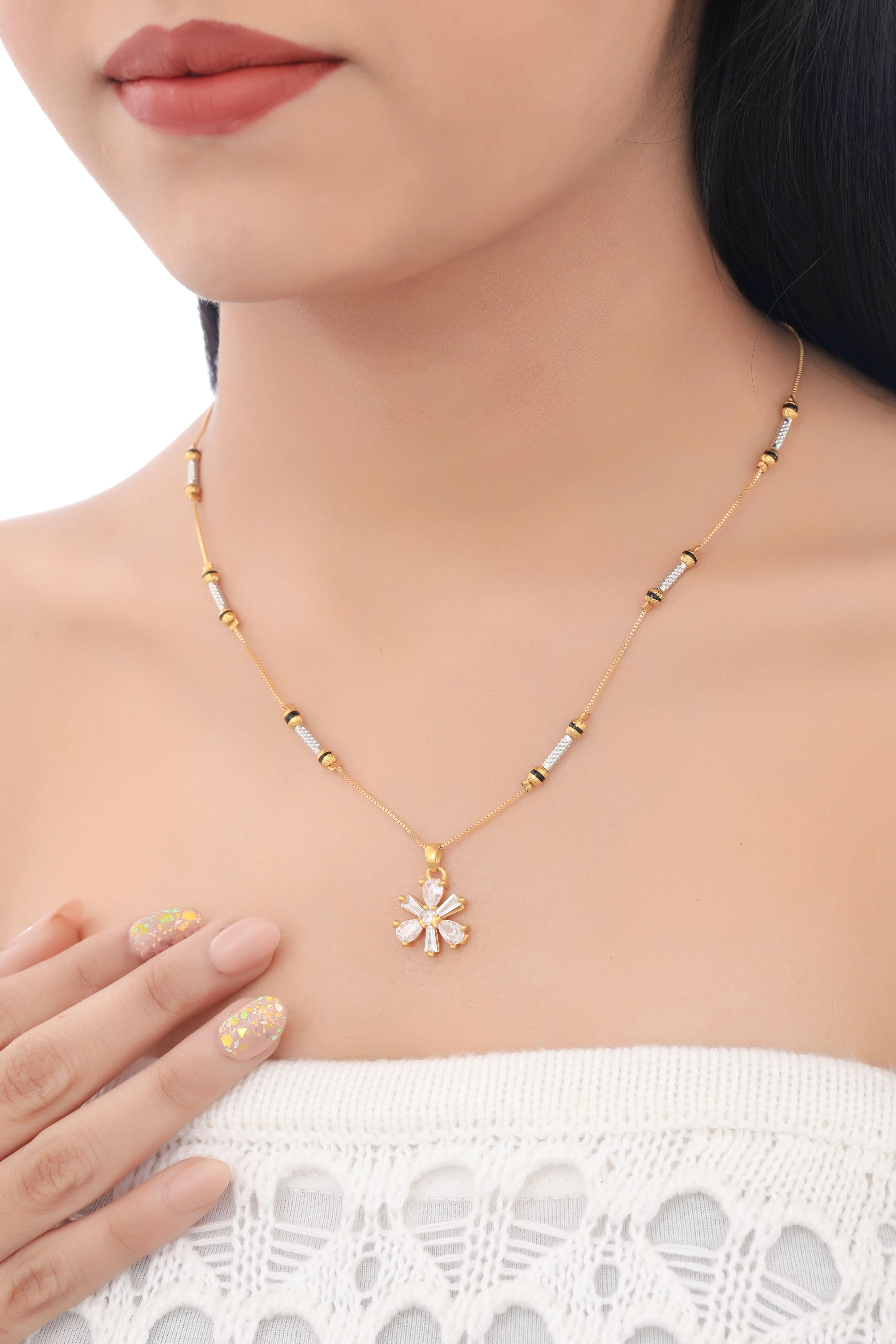Buy 1 Get 1 Free - Floral Diamond Style Minimal Black Beads Mangalsutra