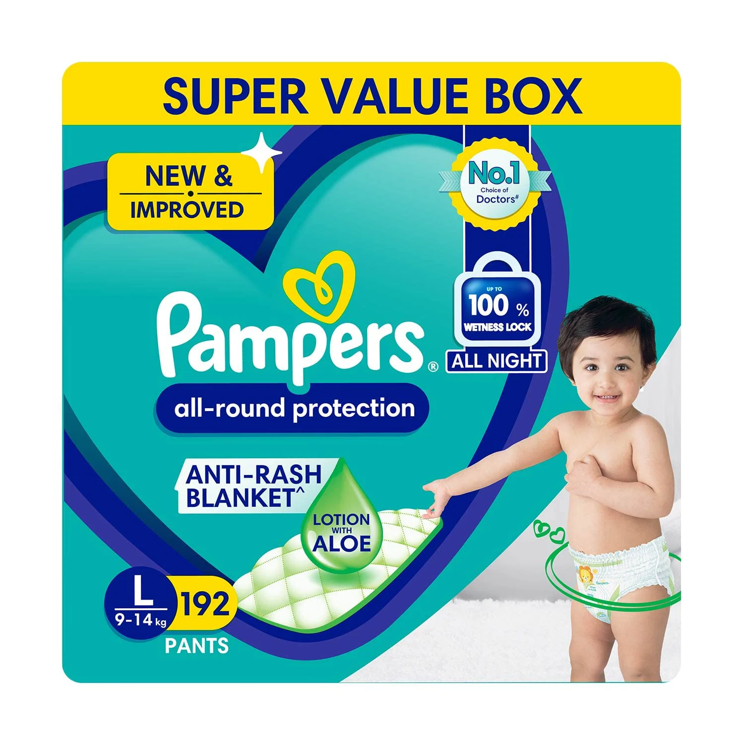 Pampers All round Protection Pants, Large size baby diapers (LG) 192 Count, Anti Rash diapers, Lotion with Aloe Vera