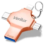 Verilux® 4 in 1 Flash Drive 64GB USB Flash Drive with Lightning, Micro, USB, Type-C Interface, Mini Hangable Flash Drive Compatible with Phone, Pad, Android, PC and More Devices (Rose Golden)