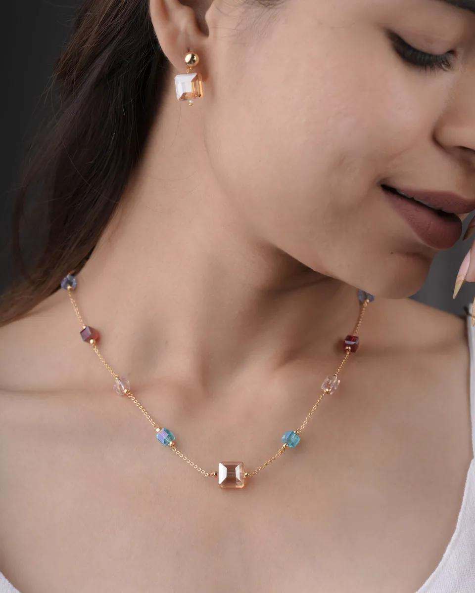 Aurora Cube Crystal Necklace & Earrings Set - Pastel Glow Edition