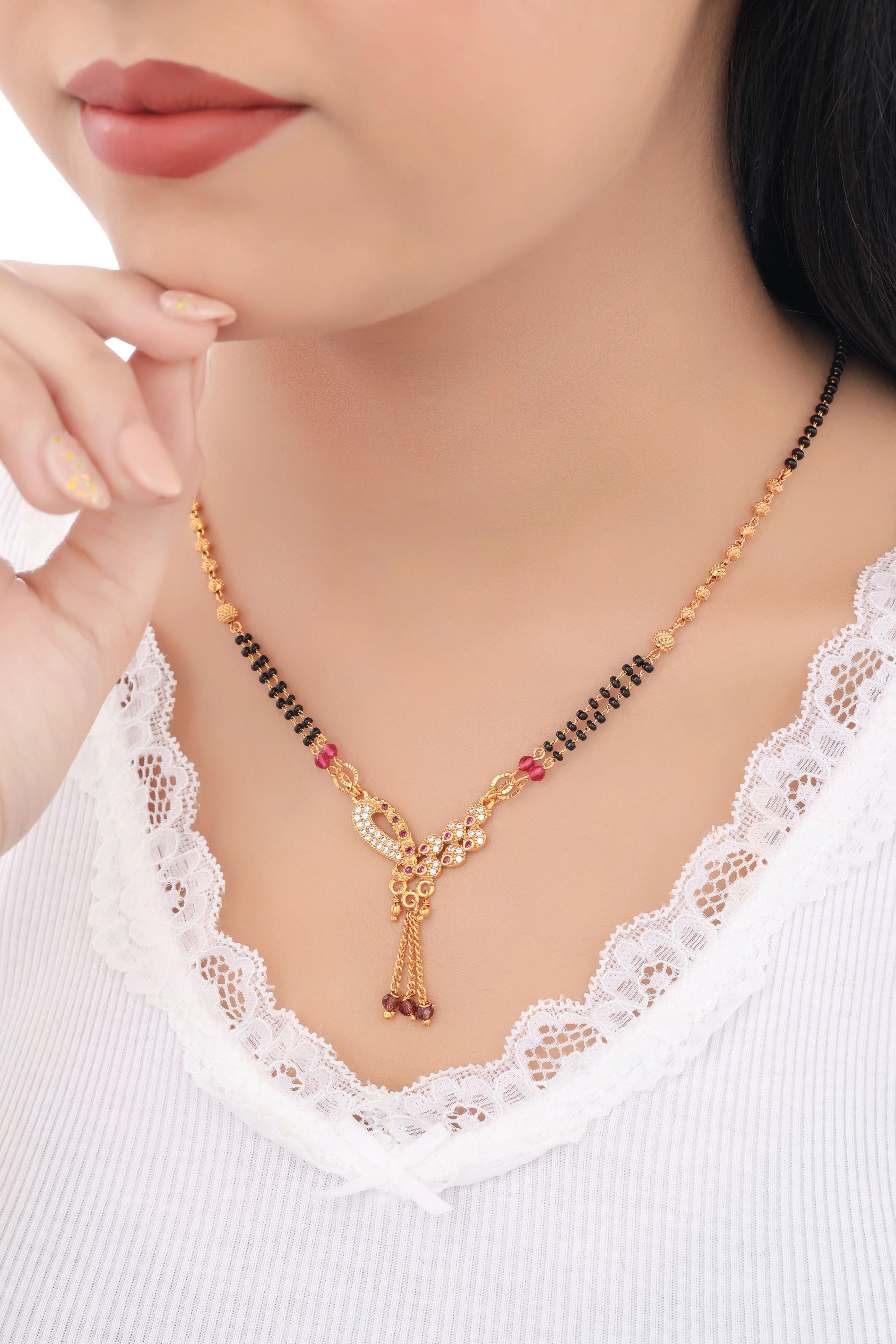 Buy 1 Get 1 Free -Gold Plated Stone Drop Pendant Mangalsutra with Black Beads