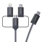 Ambrane 3 in 1 Type C, Lightning and Micro USB Cable Compatible with iPhone, Micro USB, Type C Devices, PD Technology, 60W Fast Charging, Multipurpose Cable for all devices (Trio-15, Black, 1.5m)