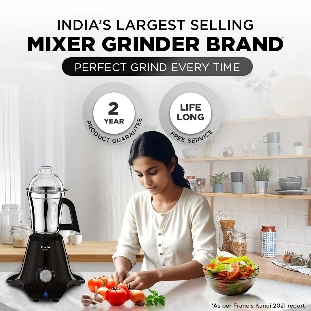 Preethi Boltz Mixer Grinder for Kitchen | 4 Jars 1000 Watts Mixie| 3 Stainless Steel Jar & 1 Blender Jar for Milkshake,Smoothie,Puree - Black (MG-288) - image 3