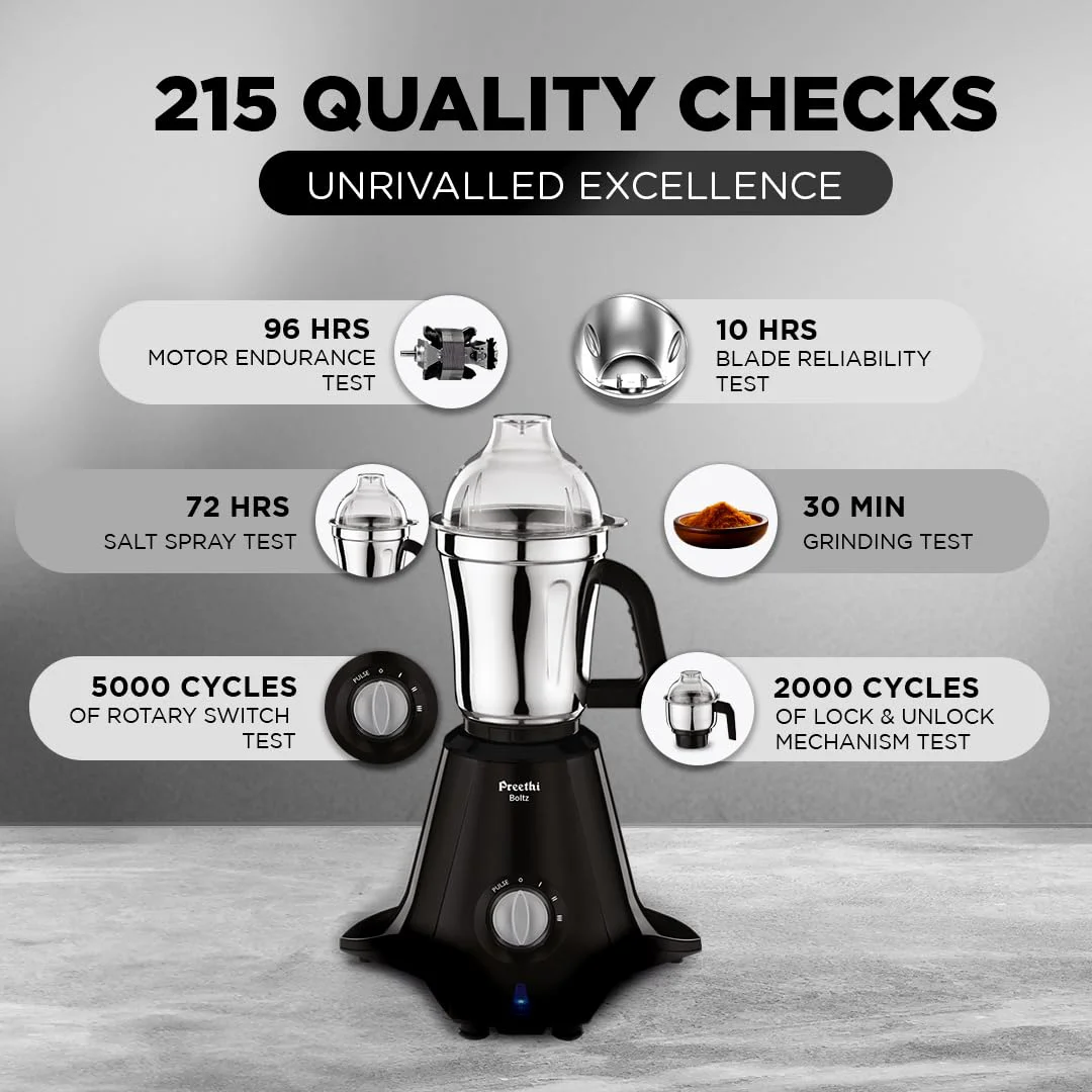Preethi Boltz Mixer Grinder for Kitchen | 4 Jars 1000 Watts Mixie| 3 Stainless Steel Jar & 1 Blender Jar for Milkshake,Smoothie,Puree - Black (MG-288) - image 4
