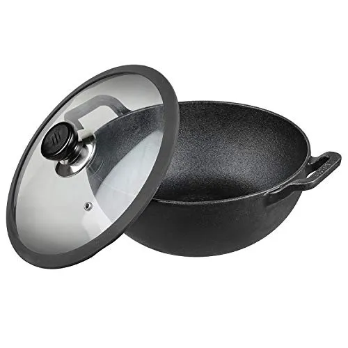 Vinod Legacy Pre-Seasoned Cast Iron Kadai with Lid 4.3 L Capacity (26 cm Diameter) - Induction and Gas Stove Friendly, Black