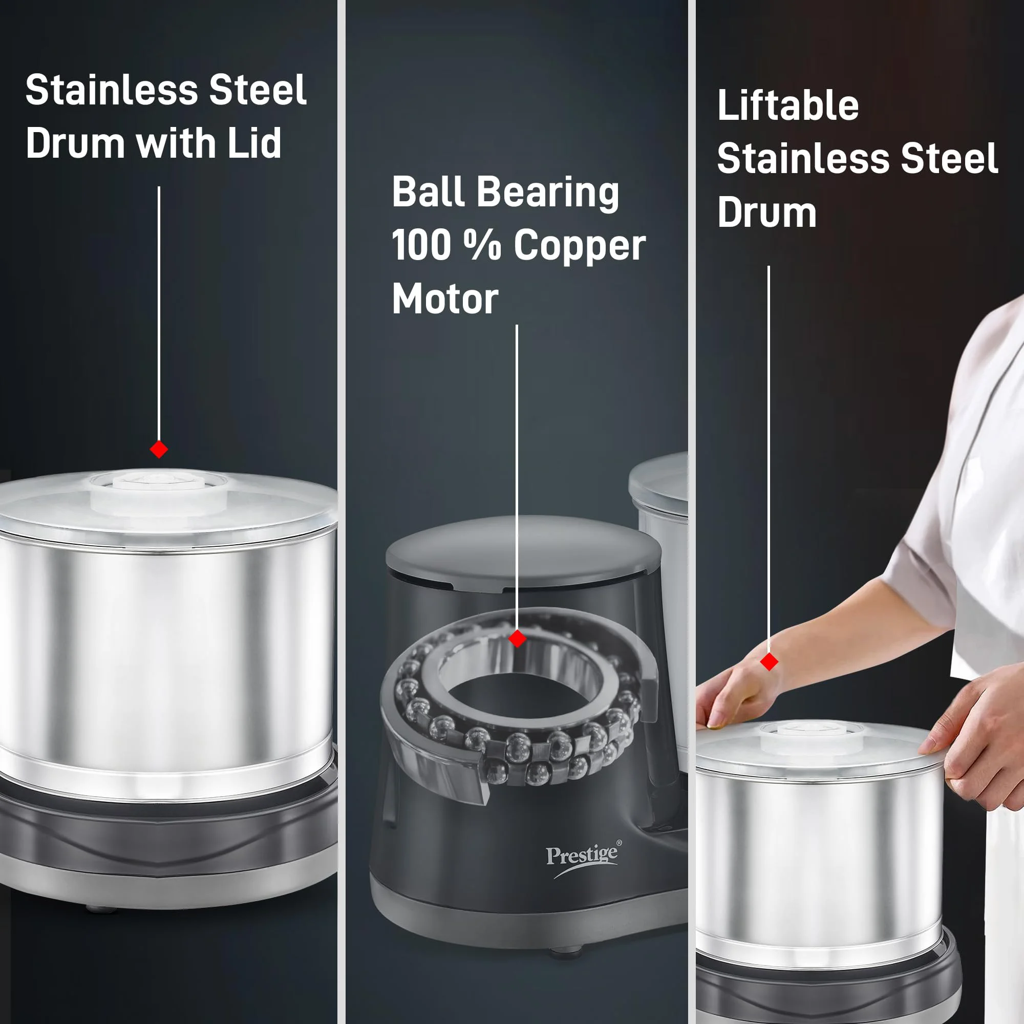 Prestige Ultima Pro 2 Litre Table Top Wet Grinder |200 Watts Heavy Duty Motor|Coconut Scraper Attachment|Atta Kneader Attachment|Stainless Steel Drum|2 Years Warranty|Silver & Black - image 5