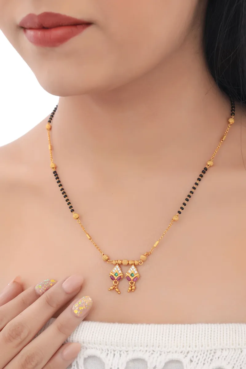 Buy 1 Get 1 Free - Traditional Dual Motif Drop Mangalsutra | Gold Finish Black Beads Necklace