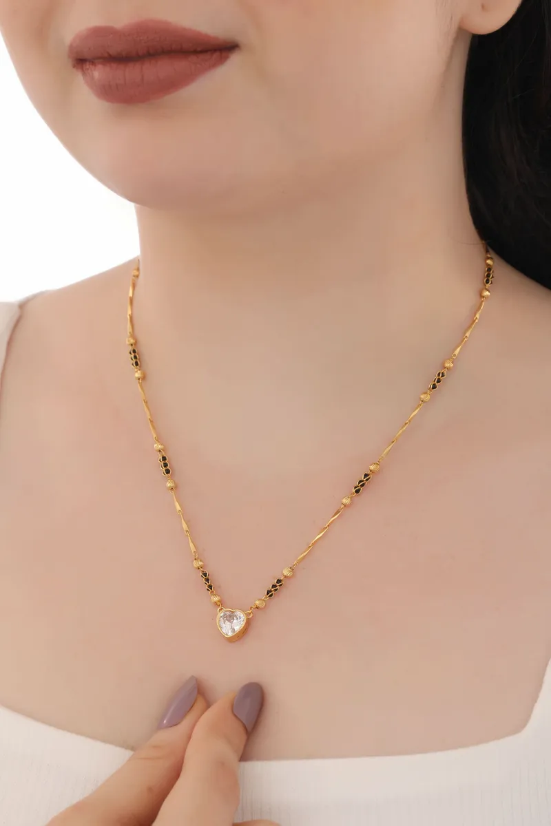 Buy 1 Get 1 Free -Gold Plated Heart Pendant Mangalsutra with Black Bead Accents