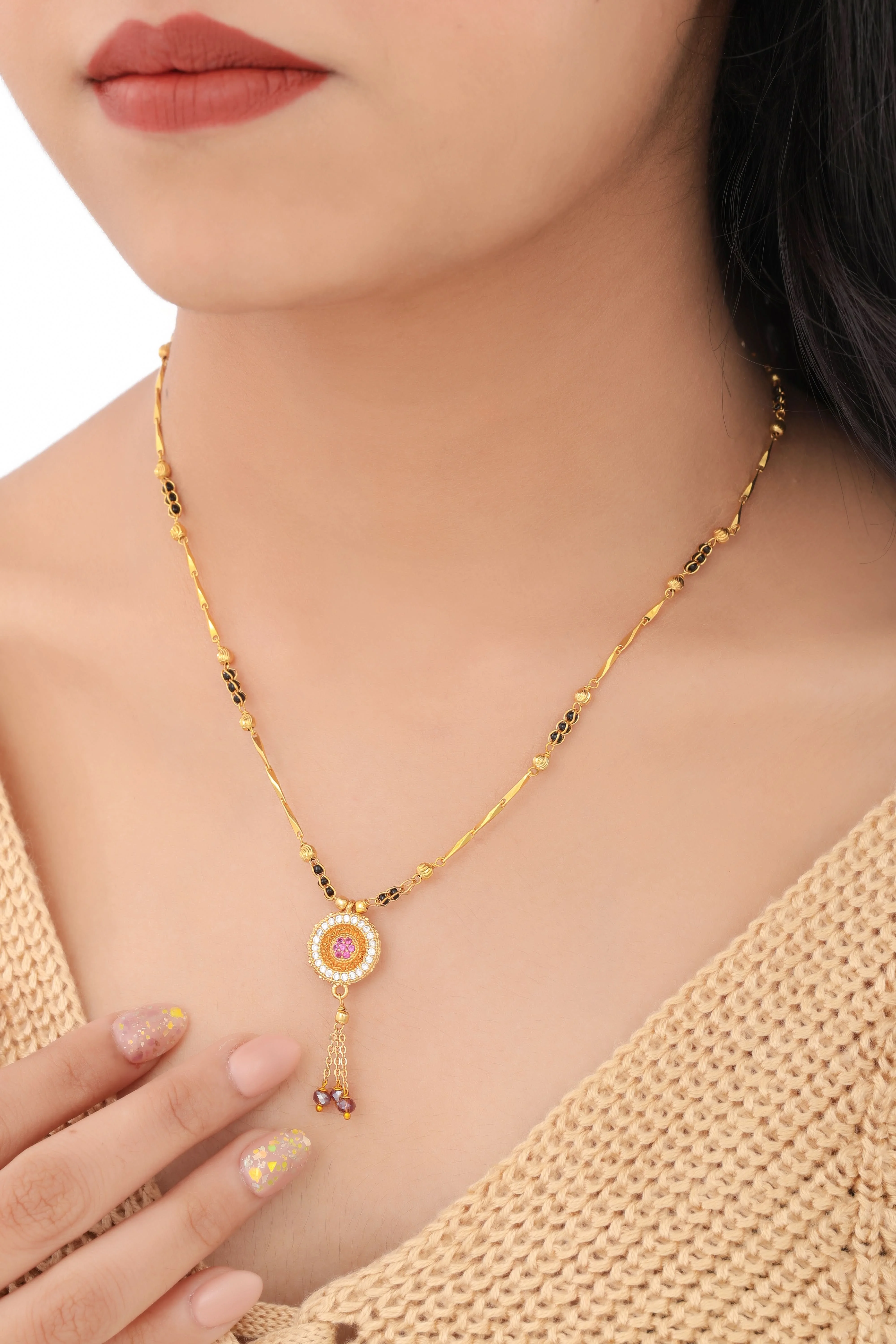 Buy 1 Get 1 Free - Classic Ruby Drop Pendant Black Beads Mangalsutra