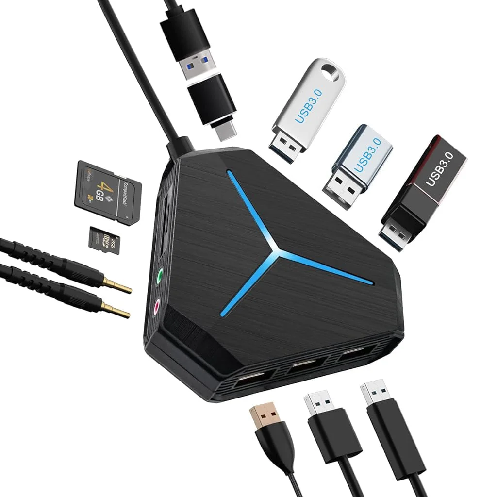 Verilux® USB Hub USB C 3.0 Hub Multi Ports USB Hub with USB 3.0/2.0 Hub, Audio Jacks, Support TF/SD Card Reading PC USB Extension Hub Support High Speed Data Transmission & Charging