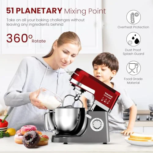 Taurus Stand Mixer 1200W with Copper Motor|5.3L SS Bowl |Metal Gear for Stability|8 Speed Setting Includes Whisking Cone, Mixing Beater,Dough Hook & Splash Guard|Dough Atta Maker Machine (Mixing Chef) - image 4